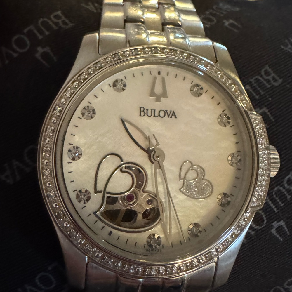 Bulova Automatic Diamond Ladies Watch Heart Aperture Exhibition Back Pearl Dial